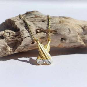 Crossed Huia Feather Necklace Gold