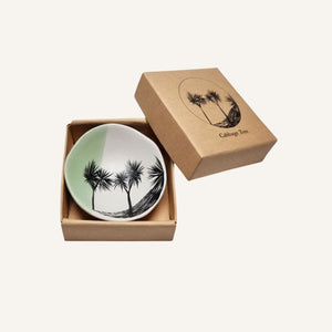 Cabbage Tree Bowl 7cm Black Print on White Dipped Green