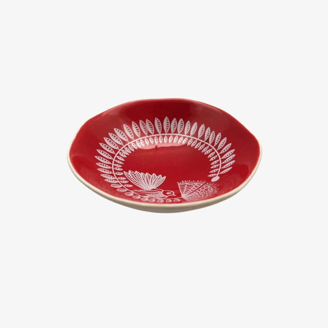 Fantail & Pohutukawa Bowl 7cm White Print on Red