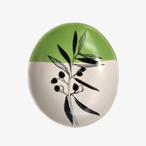 Olive Bowl 10cm Black Print on White Dipped Green