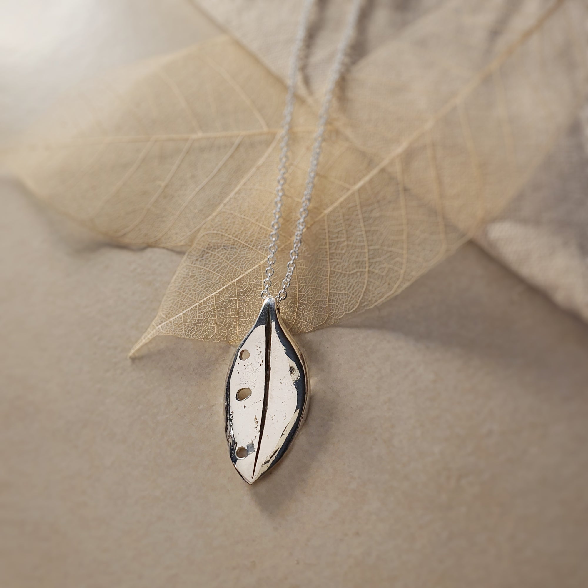 Pohutukawa Leaf Necklace, Silver