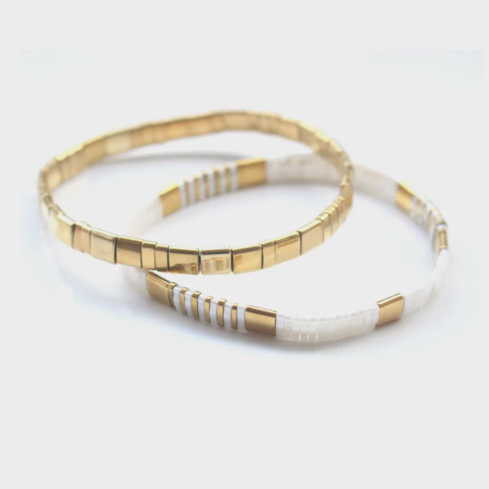 Bracelet Glass Bead Duo - White/Gold