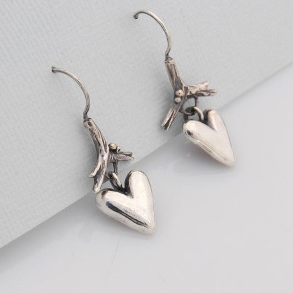 Heart Drop Earrings, Silver