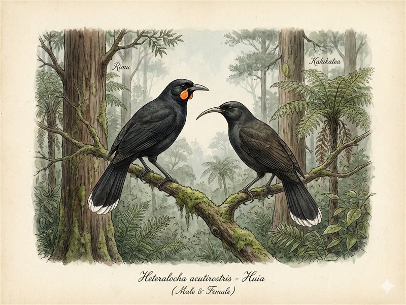 Huia bird - extinct New Zealand native bird with distinctive orange wattles